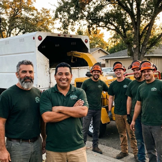 Tree service owner and crew with chip truck on a Port Orange street