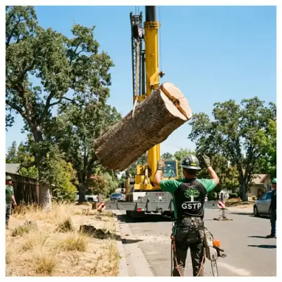 Crane lowering a tree section during a Port Orange removal